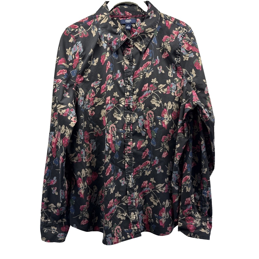 Chaps Women's Top Blouse Size L Black Pink Paisley Floral Long Sleeve Button Up
